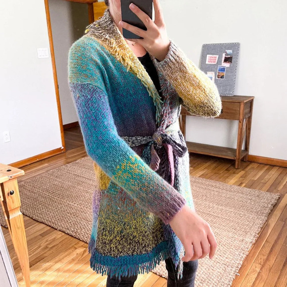 Greylin Rainbow Colorful Knit Fringe Bohemian Preppy Cardigan Tie Waist Cardigan - Picture 2 of 9